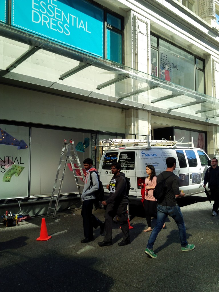 Large department store broken window replacement. This Vancouver downtown store requires large glass panels which requires replacement, Angel Glass experienced installers measured, cut the large pane of glass then have it installed same day.